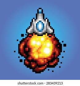 spaceship pixel art style Illustration of spaceship blasting off and flying