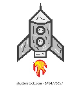 spaceship pixel art style. rocket launch pixel art. spaceship in retro style. 8 bit pixel art.Eps 10