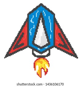 spaceship pixel art style. rocket launch pixel art. spaceship in retro style. 8 bit pixel art.Eps 10