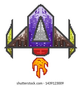 spaceship pixel art style. rocket launch pixel art. spaceship in retro style. 8 bit pixel art.16 bit pixel art.Eps 10