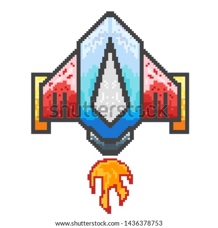 spaceship pixel art style. rocket launch pixel art. spaceship in retro style. 8 bit pixel art.Eps 10
