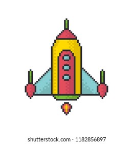 Spaceship pixel art style vector icon on white background.