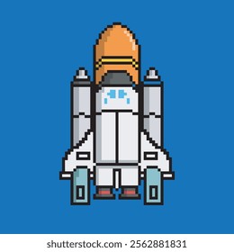 spaceship pixel art, vector illustration on isolated background.
