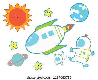 Spaceship and the planet cute style