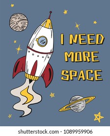 Spaceship and planet. Graphic tee. vector design for t-shirt printing and embroidery apparel. 