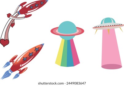 Spaceship planet pattern. Vector illustration on white background. Rocket, flying machine, technology, astronaut, alien, ufo. Fabric and packaging design.