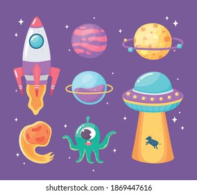 spaceship planet ufo asteroid and alien space galaxy astronomy cartoon vector illustration