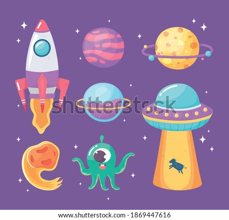 spaceship planet ufo asteroid and alien space galaxy astronomy cartoon vector illustration