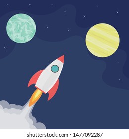 Spaceship and planets in galaxy.  Rocket launch. Flat design. Vector illustration.
