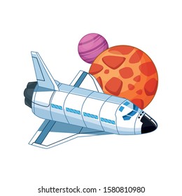 spaceship and planets icon over white background, vector illustration