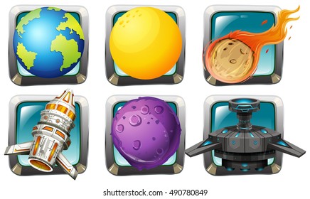 Raumschiff und Planeten auf quadratischen Abzeichen, Illustration