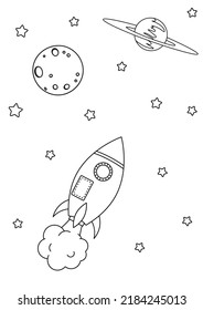 Spaceship with planets and stars in cute cartoon style. Black contour elements isolated on white background. Vector illustration for poster, print, coloring page, book, entertainment for kids.