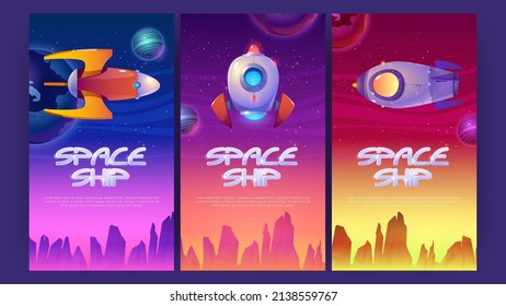 Raumschiff-Plakate mit Raketen, die über fremder Planetenoberfläche fliegen. Vektorbanner von Raumfahrzeugen mit Cartoon-Illustration von galaxischem Hintergrund mit Sternen, Planeten und Shuttles