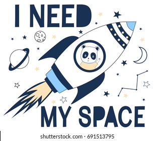 Spaceship print design with slogan. Vector illustration design for fashion fabrics, textile graphics, prints.