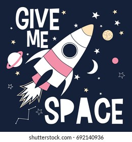 Spaceship print design with slogan. Vector illustration design for fashion fabrics, textile graphics, prints.