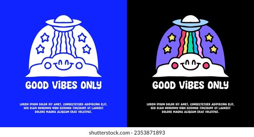 Spaceship, Regenbogen und Wolke mit guten Farben nur Typografie, Illustration für Logo, T-Shirt, Aufkleber oder Bekleidungsartikel. Mit Doodle, Retro, Groovy und Cartoon-Stil.