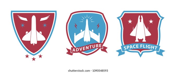 Spaceship retro badges. Science exploration emblems.