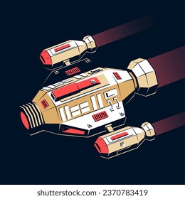 Spaceship in retro comic style. Unusual spaceship with jet engines. Vector illustration in vintage style.