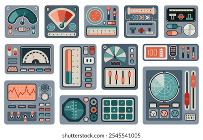 Spaceship retro controls. Vintage analog dashboard with dials indicators and gauges, old spacecraft cockpit interface. Vector illustration.