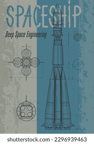 Afiche de dibujo de estilo retro de nave espacial