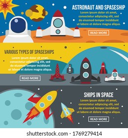 Spaceship rocket banner horizontal concept set. Flat illustration of 3 spaceship rocket vector banner horizontal concepts for web