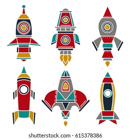 Spaceship, rocket cartoon set. Hand drawn isolated on white background