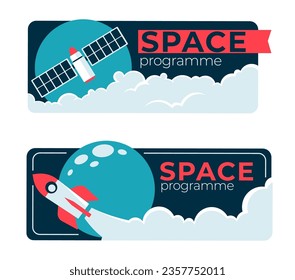 Spaceship and rocket in cosmos, space program and satellite. Exploration and discovery of outer galaxies and universe. Banners with shuttles and planets, celestial bodies. Vector in flat style