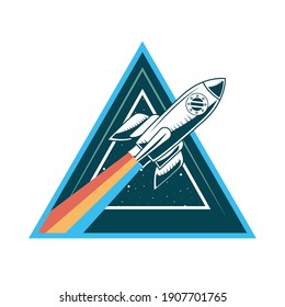 spaceship rocket drawn with rainbow startup in triangular frame vector illustration design