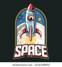 Spaceship Rocket Explore Outer Space in Hand Drawn Vector Cartoon Illustration Design for sticker, badge, patch, banner, greeting card, invitation