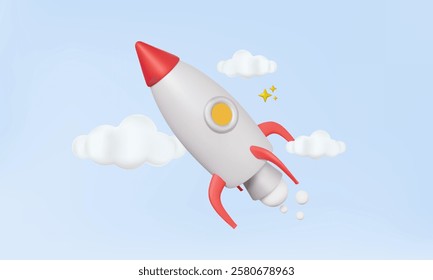 Spaceship rocket fly with clouds space floating launch leadership future success technology fast transport new innovation Financial business investment vision start-up concept. 3d vector illustration