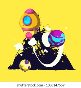 Spaceship, rocket fly in space among planets and stars, concept and creative idea. Vector illustration. poster, card
