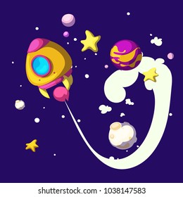 Spaceship, rocket fly in space among planets and stars, concept and creative idea. Vector illustration. poster, card
