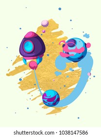 Spaceship, rocket fly in space among planets and stars, concept and creative idea. Vector illustration. poster, card
