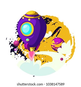 Spaceship, rocket fly in space among planets and stars, concept and creative idea. Vector illustration. poster, card
