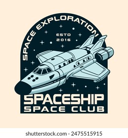 Spaceship Rocket flying spacecraft in the galaxy Vintage Retro Badge logo