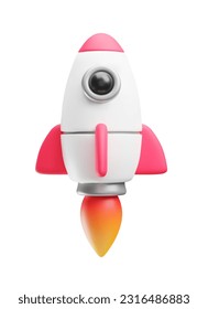 cohete de nave espacial volando con llama amarilla expulsada, estilo 3d. Lanzamiento de la nave espacial con cohetes de juguete. Exitosa creación, crecimiento financiero, concepto de negocio espacial ilustración vectorial