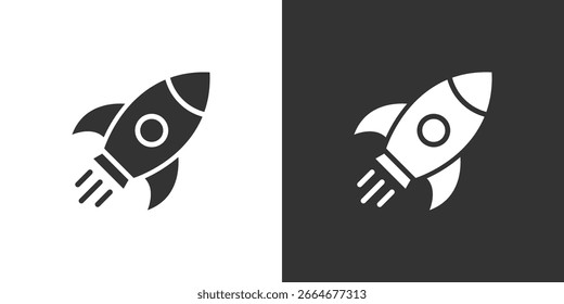 Spaceship or rocket icon. Simple spaceship design on balck and white background. Innovation concept. Vector