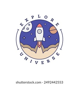 spaceship rocket illustration badge line art style vector