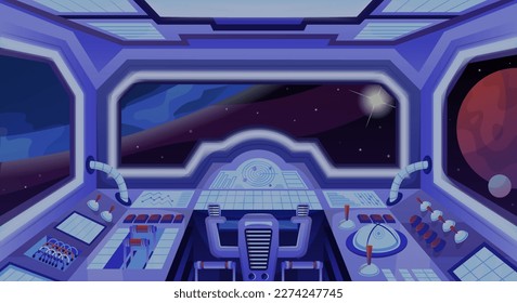 Interior de nave espacial o cohete. Fantástica cabina de inanición o nave espacial con panel de control y botones. Diseñar elemento o fondo para la interfaz de videojuegos. Dibujo vectorial plano de dibujos animados