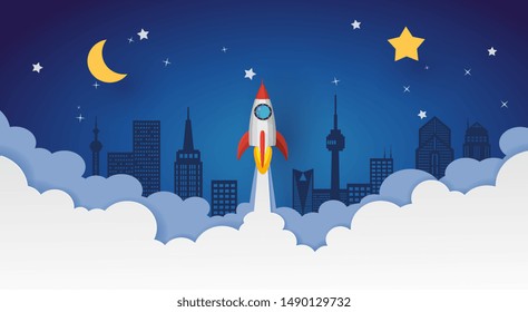 spaceship or rocket launch into the night sky over buildings and clouds in city scape view with star and crescent moon on dark blue background. Vector paper art in business concept.
