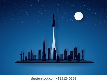 spaceship or rocket launch into the sky over buildings in city scape view on night sky background and stars. Vector paper art in black dark and blue tone with shadow.