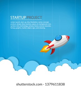 spaceship or rocket launch into the sky over the clouds. Vector paper art in business concept.