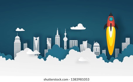 spaceship or rocket launch into the sky over buildings and clouds in city scape view. Vector paper art in business concept.