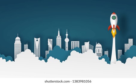 spaceship or rocket launch into the sky over buildings and clouds in city scape view. Vector paper art in business concept.