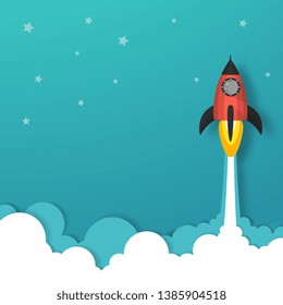 spaceship or rocket launch into the sky over clouds and smoke on green and white stars background. Vector paper art in startup business or education concept .