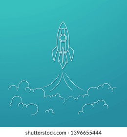 spaceship or rocket launch into the sky over the cloud on green background and stars. white line and shadow vector design concept.