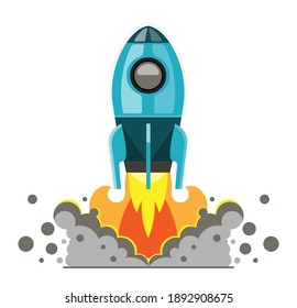 Lanzamiento de cohetes de nave espacial comienza a volar. Buque espacial en la nube de humo y fuego desde el motor. Concepto de inicio de negocio. Diseño sencillo de dibujos animados de estilo plano. Ilustración vectorial aislada en fondo blanco.