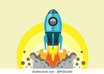 Spaceship rocket launch start of flying. Space ship in smoke cloud and fire from engine. Business startup concept. Simple flat style cartoon design. Vector illustration isolated on yellow background.