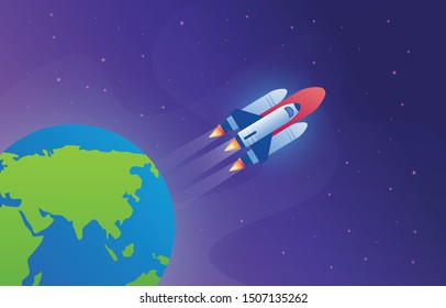 spaceship rocket leave the earth vector design illustration