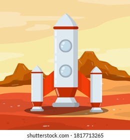 Spaceship, Rocket on red planet Mars. Space flight and colonization. Future and science. Marisan module on desert landscape. Cosmonaut colony. Flat cartoon